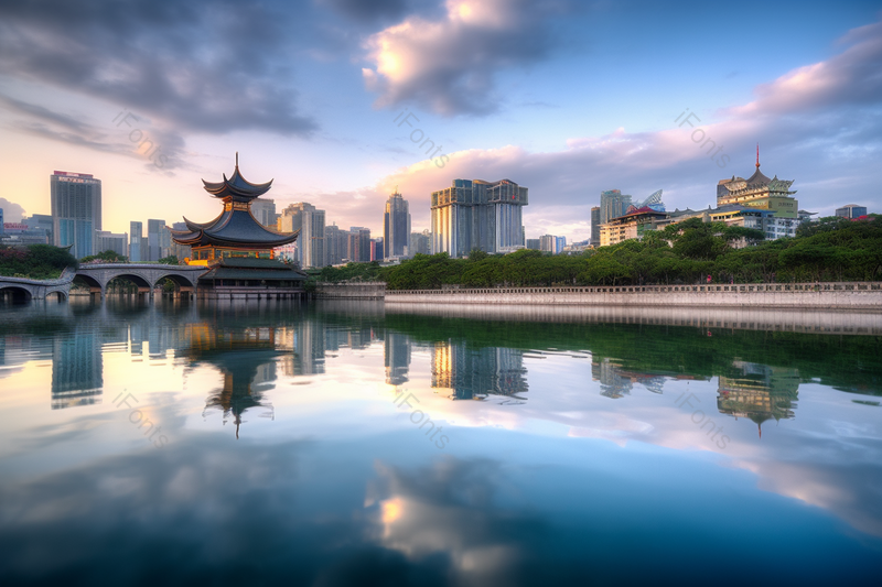 天空下湖面远处建筑自然风光背景,高清,摄影图,摄影图片,图片大全,摄影图免费下载